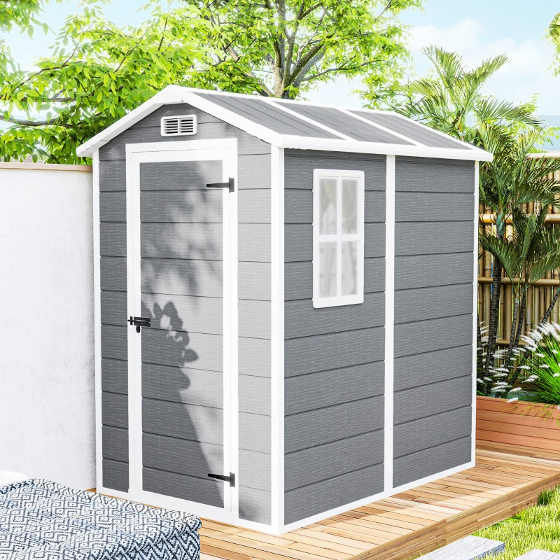 Outsunny Cobertizo de Jardín Exterior 2,1 m² 131x186x198 cm Caseta de Jardín con Suelo Ventana y Puerta con Cerradura Gris