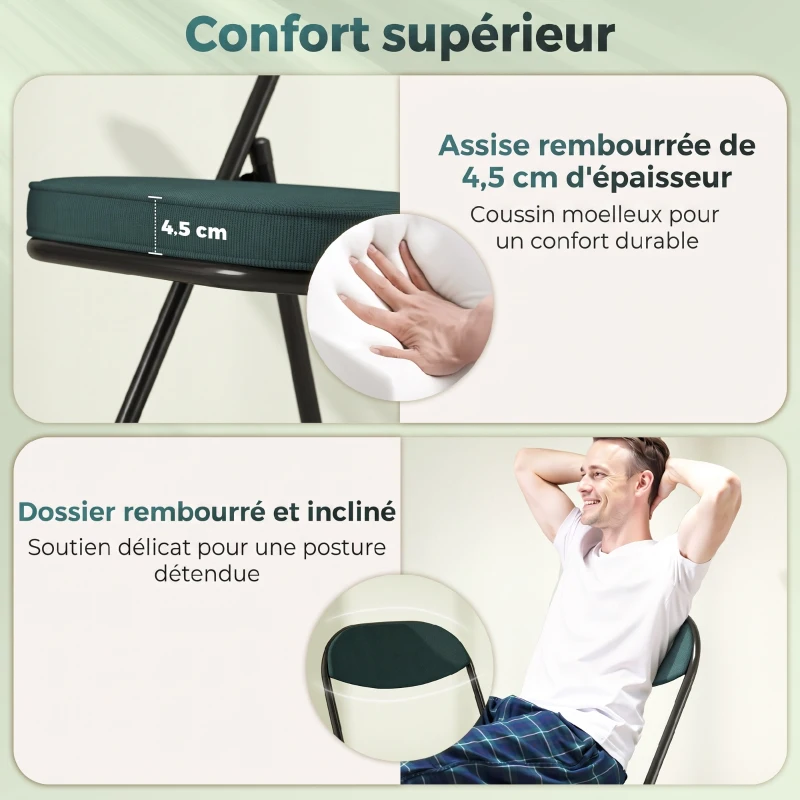HOMCOM Lot de 2 chaises pliantes chaises de salle à manger portables avec assises et dossiers rembourrés en velours côtelé bleu