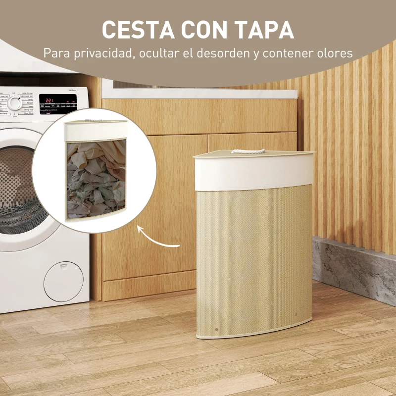 HOMCOM Cesto Ropa Sucia Bambú para Esquina 55L con Tapa y Asa Bolsa Extraíble Lavable 35x35x60 cm Crema
