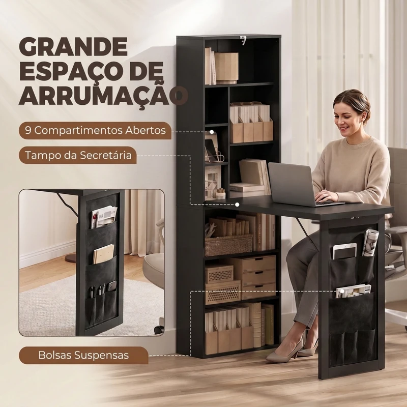 HOMCOM Secretária Dobrável com Estante, Prateleira Ajustável e Bolsa Organizadora para Espaços Pequenos 98x51x153 cm Preto
