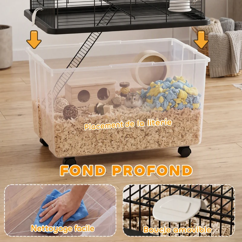 PawHut Cage hamster cage rongeur 2 étages avec roulettes plate-forme et échelle en fil d'acier 57 x 43 x 57 cm noir
