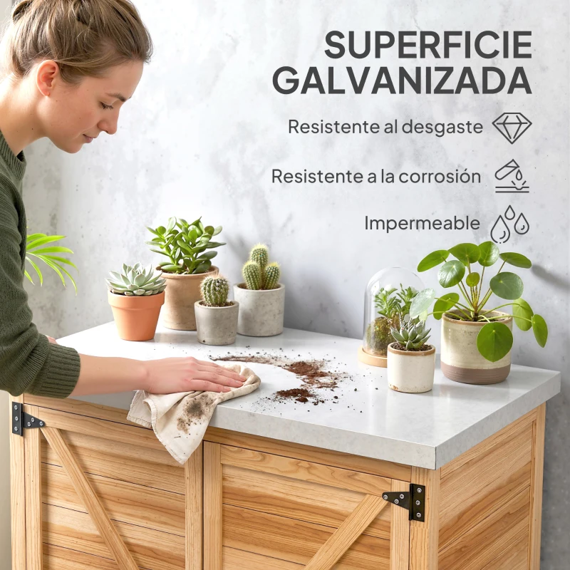 Outsunny Caseta de Jardín Exterior de Madera con Techo de Acero y 2 Puertas para Almacenamiento Herramientas 79x43x92 cm Natural