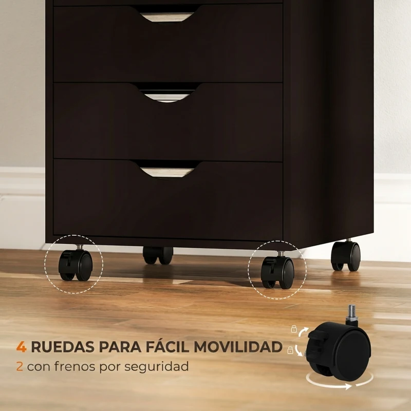HOMCOM Cajonera Oficina con Ruedas y 5 Cajones Archivador Móvil para Estudio Salón 40x40x68,5 cm Marrón