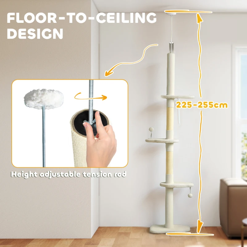 PawHut 225-255 cm Adjustable Cat Climbing Tower with Sisal Scratching Posts, 2 Hanging Play Balls and Anti-Tip Strap, Beige