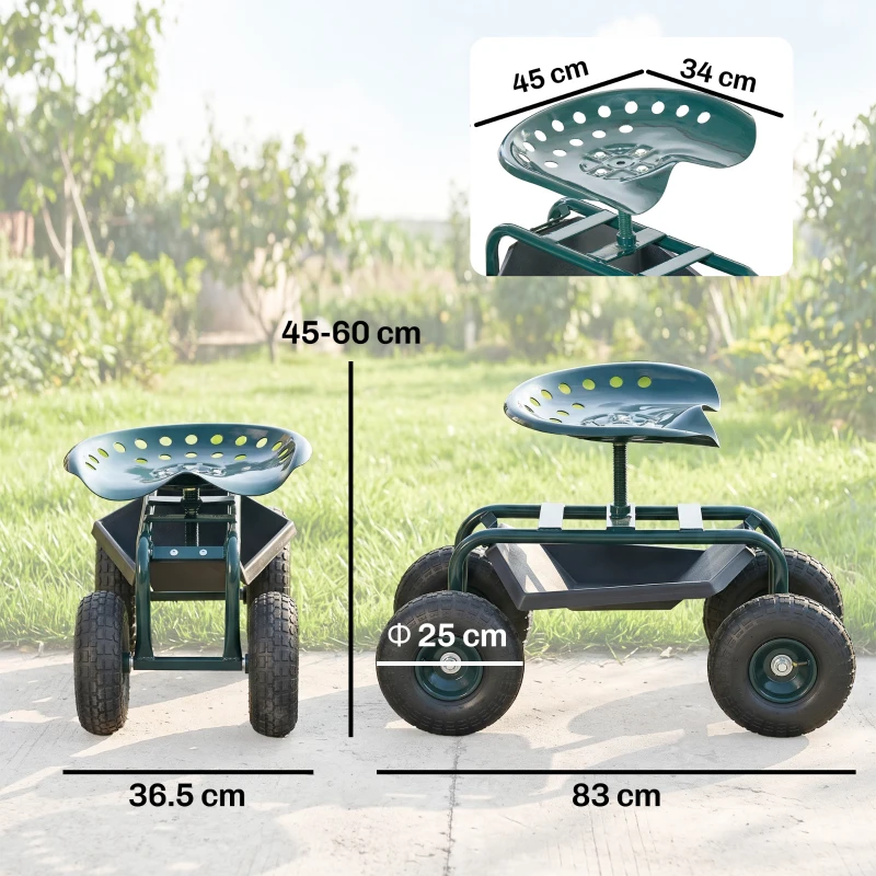 Outsunny Carrello da Giardino con Sedile Regolabile e Vassoio Inferiore, in Acciaio, e PP, 83x36.5x45-60 cm, Verde Scuro
