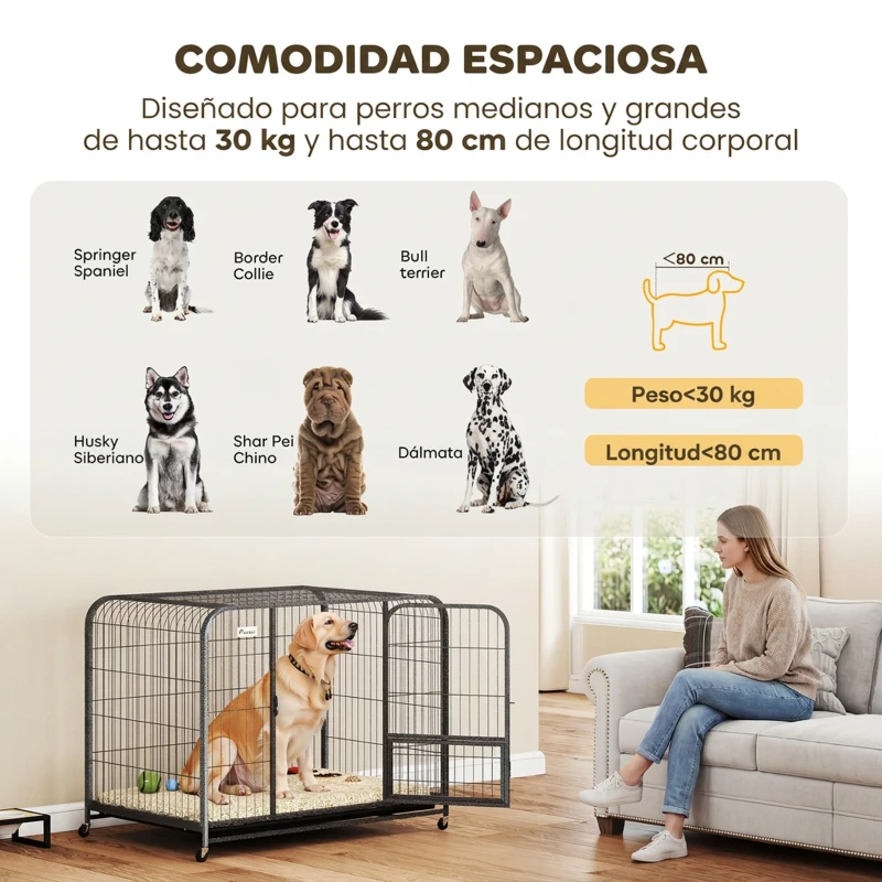 PawHut Jaula Resistente para Perros con Ruedas Puerta de Alimentación Bandeja Extraíble para Perros Grandes 116x77x88 cm Negro