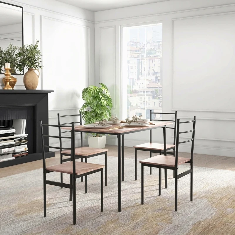 HOMCOM Conjunto de Comedor 5 Piezas Juego de 1 Mesa y 4 Sillas con Pies Acero para Cocina 110x70x75 cm Madera Natural y Negro