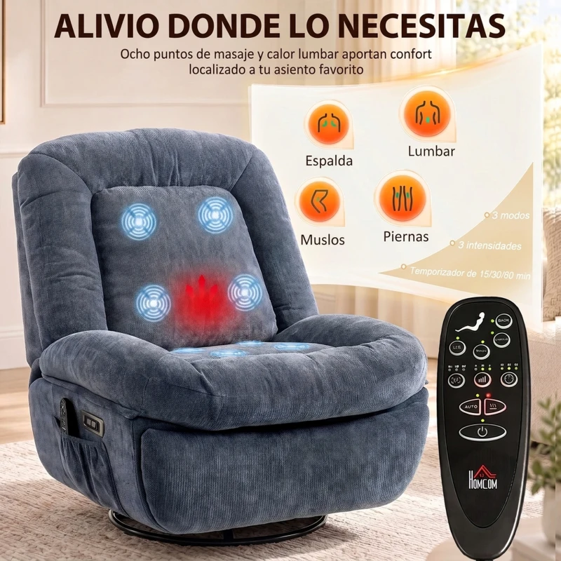HOMCOM Sillón Relax Reclinable Eléctrico con Calor Lumbar Masaje Giro y Balanceo Reposapiés Asiento Extraancho Puerto USB Azul
