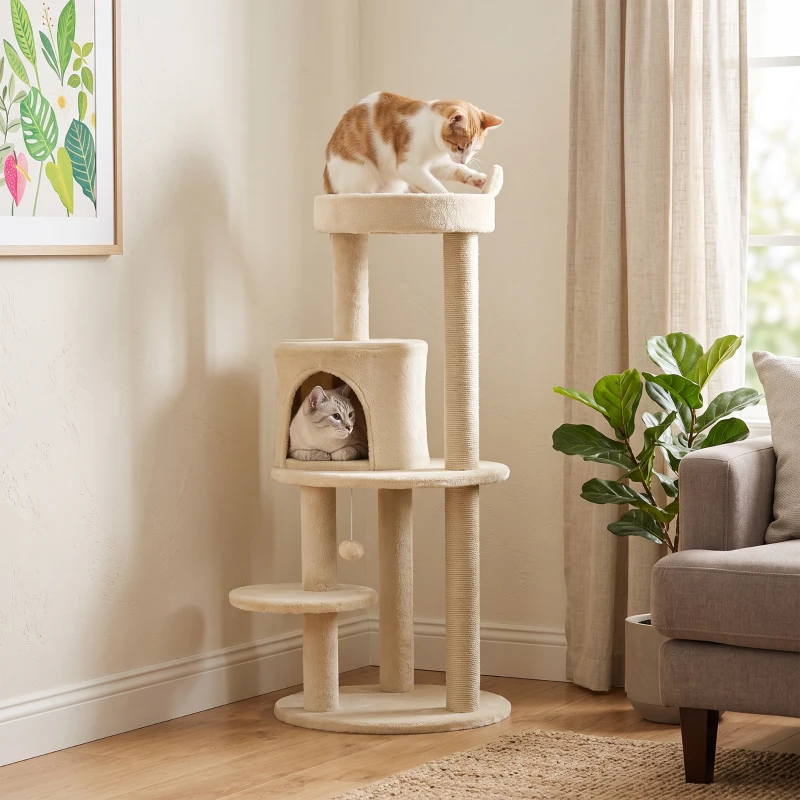 PawHut Arbre à chats multi-équipements griffoirs grattoirs plateformes niche jeu boule suspendue Ø 48 x 104H cm crème