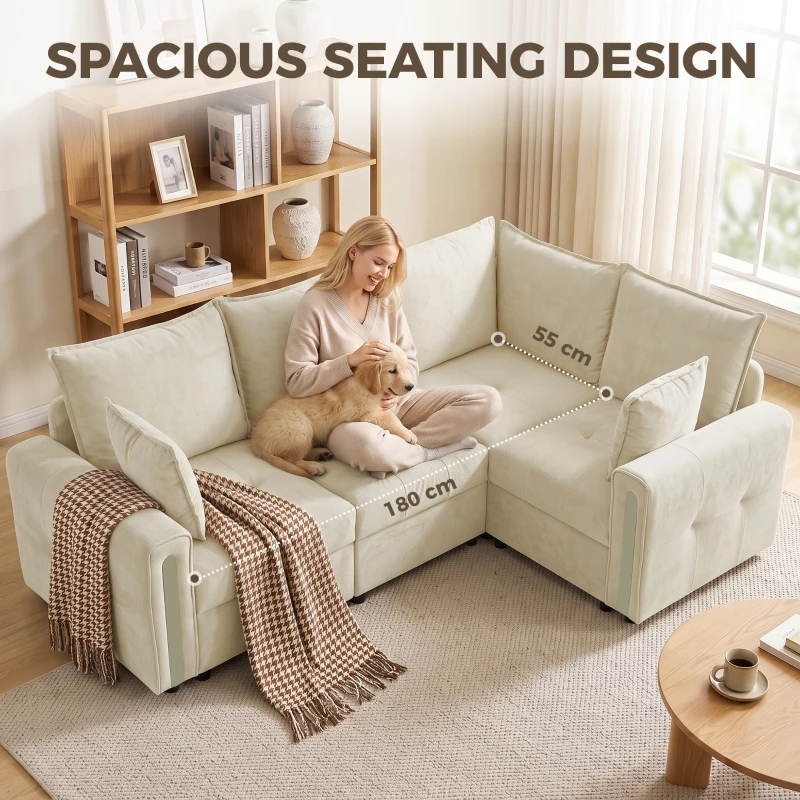 HOMCOM 228cm L Shaped Sofa with Lift-Up Storage, 3-Seater Sectional Sofa with Wide Deep Seat, Beige