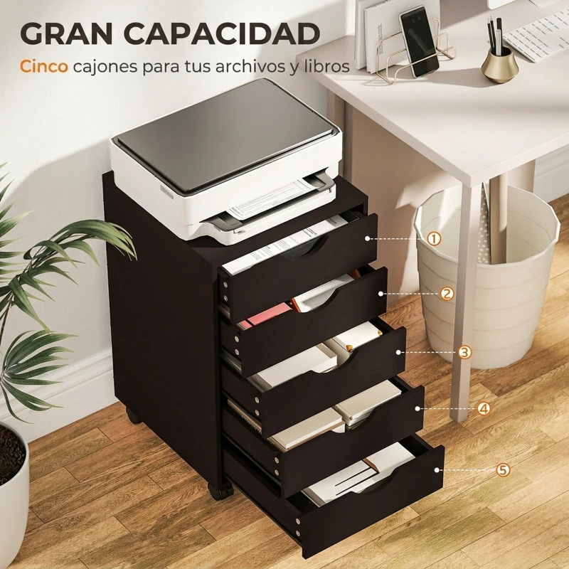 HOMCOM Cajonera Oficina con Ruedas y 5 Cajones Archivador Móvil para Estudio Salón 40x40x68,5 cm Marrón