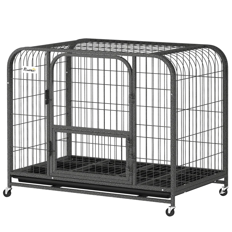 PawHut Gaiola Resistente para Cães com Rodas, Porta de Alimentação e Tabuleiro Removível para Cães Pequenos 93x58x76 cm Preto