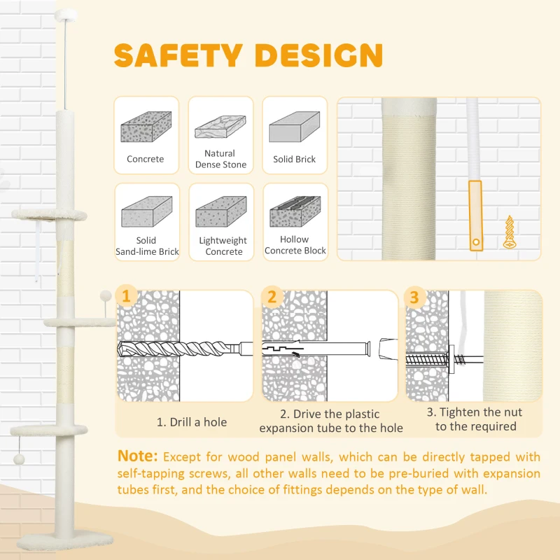 PawHut 225-255 cm Adjustable Cat Climbing Tower with Sisal Scratching Posts, 2 Hanging Play Balls and Anti-Tip Strap, Beige