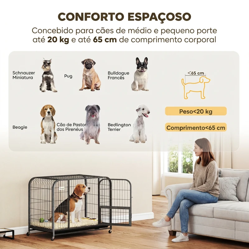 PawHut Gaiola Resistente para Cães com Rodas, Porta de Alimentação e Tabuleiro Removível para Cães Pequenos 93x58x76 cm Preto