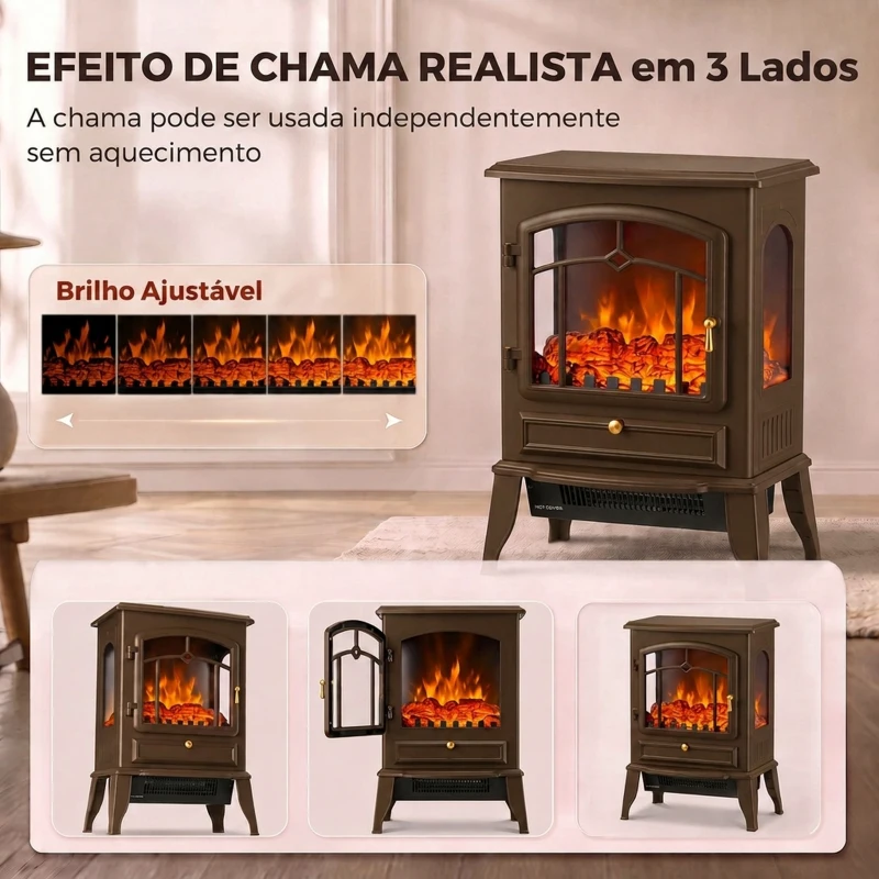 HOMCOM Lareira Elétrica Decorativa de Chão com Efeito Chama 3D 39x24x57 cm Castanho