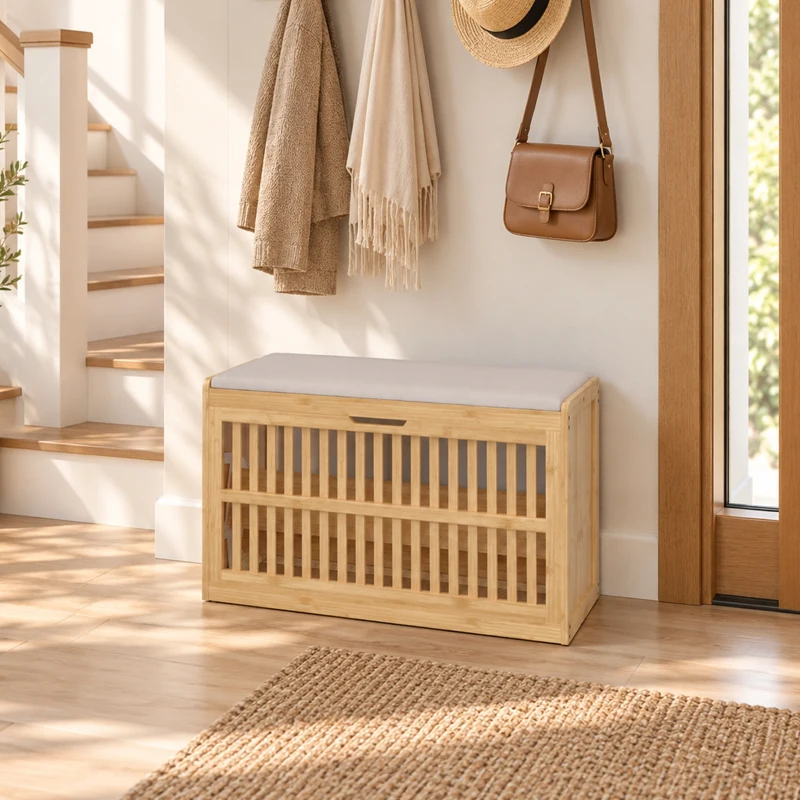 HOMCOM Banco Zapatero con Cajón Abatible Zapatero con Asiento Asiento Acolchado 80x30x48 cm Natural y Beige