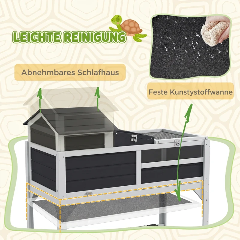 PawHut Houten Schildpaddenhuis, 2-Laags Schildpaddenverblijf met Plank, Lamphouder, Hoofdverblijf, Acrylvenster en Klapdak