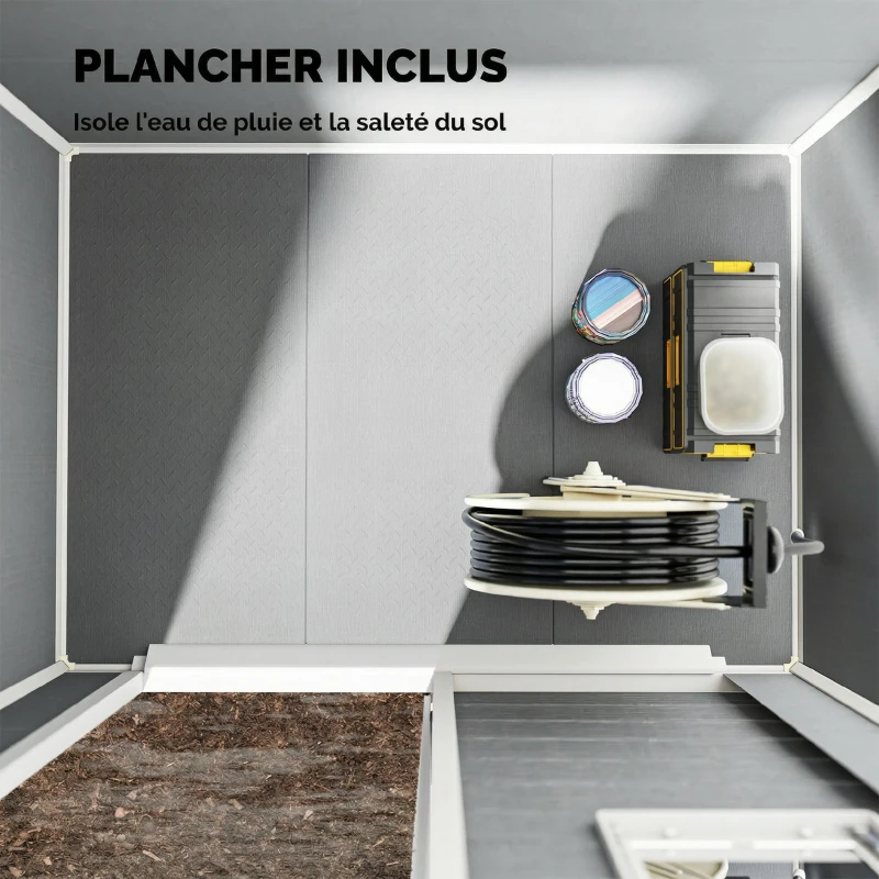 Outsunny Abri de Jardin en Résine 1,9m² avec Plancher, Toit Pointu, Fenêtre, 2 Aérations, Porte Verrouillable 182x121x200cm, Gris