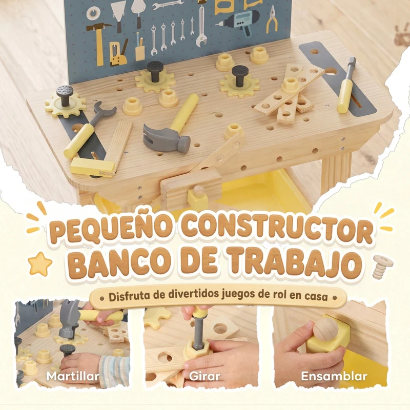 AIYAPLAY Banco de Herramientas para Niños de Madera 28 Accesorios Caja de Almacenaje Juguete para 3 a 8 años Natural