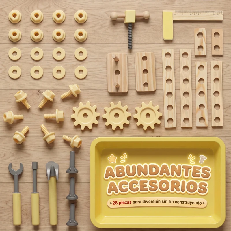 AIYAPLAY Banco de Herramientas para Niños de Madera 28 Accesorios Caja de Almacenaje Juguete para 3 a 8 años Natural