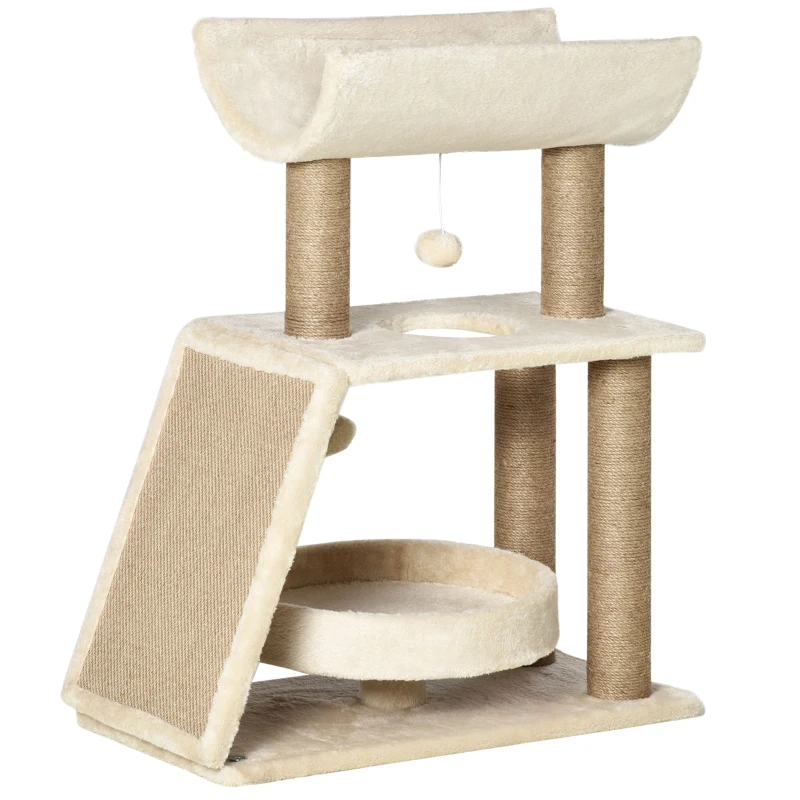 PawHut Albero Tiragraffi per Gatti con Lettino, Cuccia e Tappetino, in Legno, Peluche e Sisal, 60x30x76 cm, Marrone Chiaro