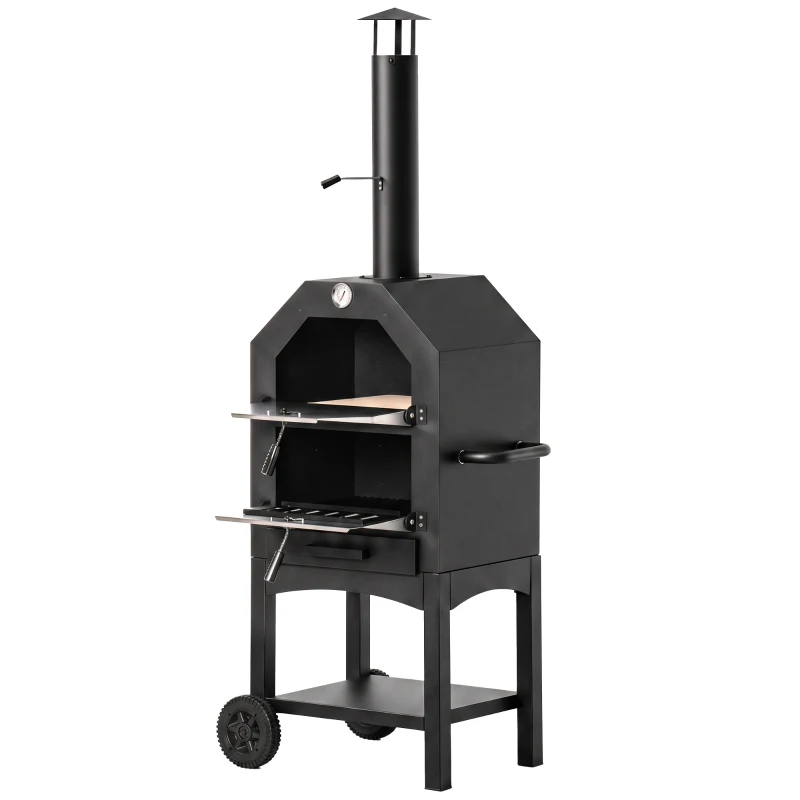 Outsunny Four à Pizza extérieur au Charbon de Bois - Barbecue sur roulettes - Four à Bois - Pierre réfractaire - cheminée, jauge température - Acier INOX.Noir Gris