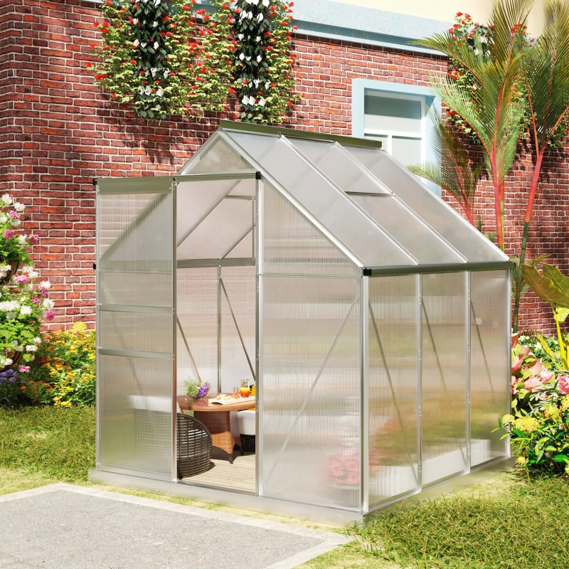 Outsunny Serre de jardin 3,6 m² en aluminium polycarbonate avec fondation, 190 x 190 x 200 cm, serre avec fenêtre réglable porte coulissante, abri extérieur résistant aux intempéries, argent