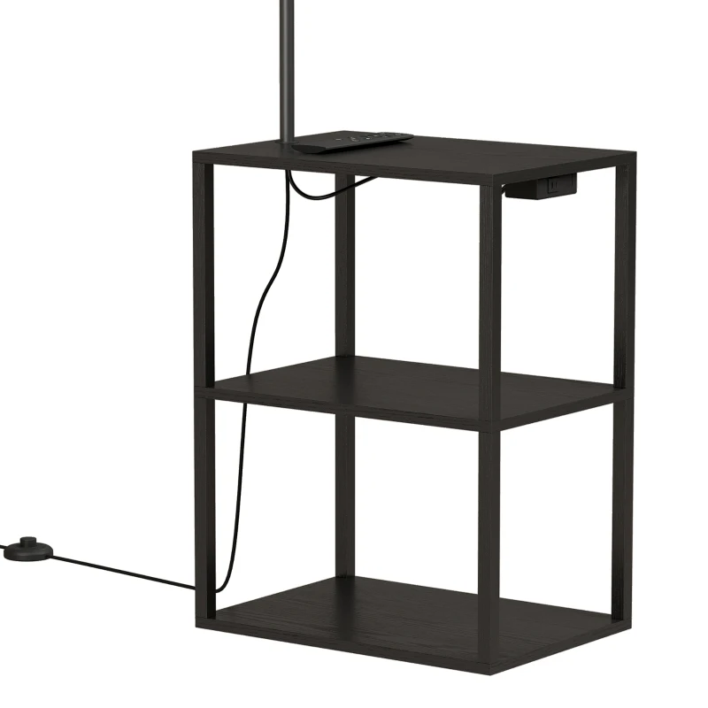 HOMCOM Dimmable Floor Lamp with Shelves, Charging Station, 3-Tier Storage Table, Adjustable Fabric Lampshade, Black