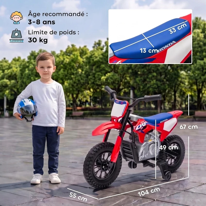 AIYAPLAY Moto Électrique Enfants sous Licence HONDA 12 V, Vitesse 3-6 Km/h, Voiture Électrique Enfants 3-8 ans, Rouge et Bleu