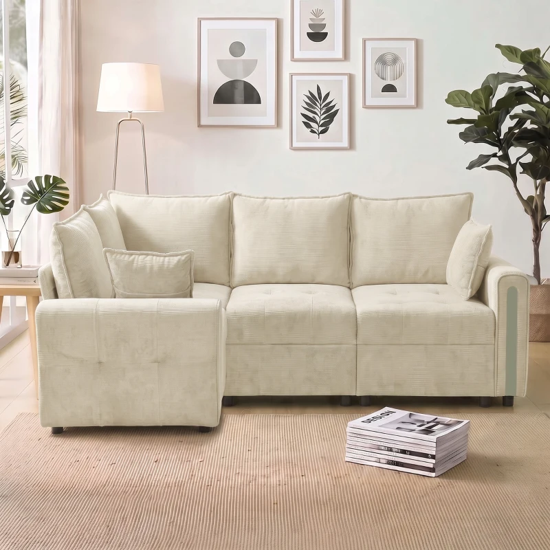 HOMCOM 228cm L Shaped Sofa with Lift-Up Storage, 3-Seater Sectional Sofa with Wide Deep Seat, Beige