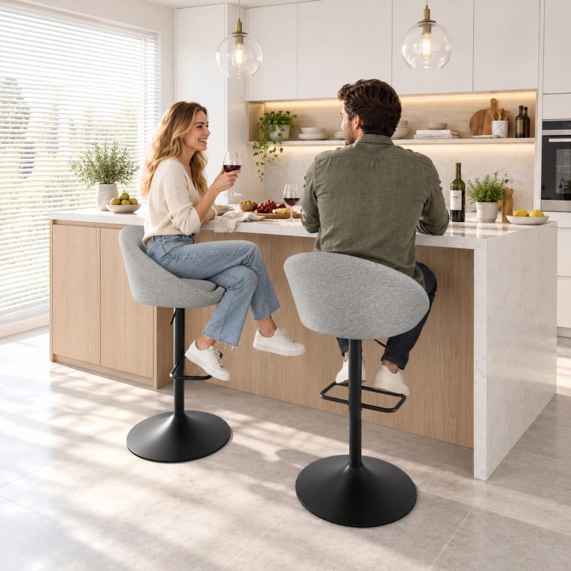HOMCOM Set 2 Taburetes de Bar con Altura Regulable, Asiento Giratorio en Tejido y Reposapiés, Gris