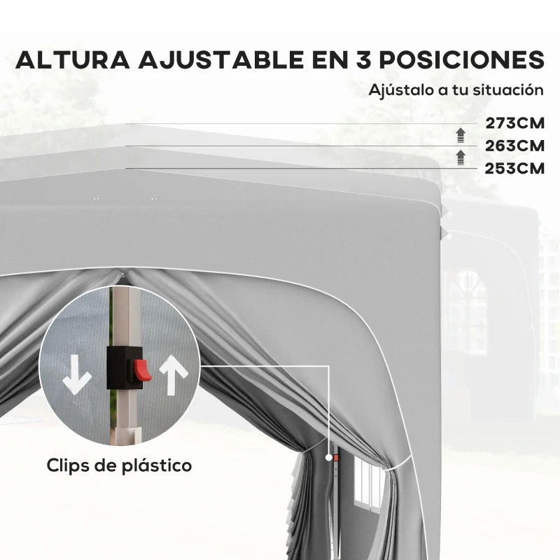 Outsunny Carpa Plegable 3x3 m con Altura Ajustable 3 Niveles 4 Laterales Ventanas y Bolsa UPF50+ Impermeable Gris