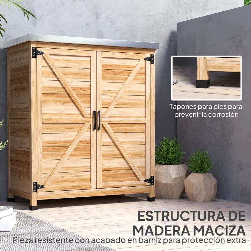 Outsunny Caseta de Jardín Exterior de Madera con Techo de Acero y 2 Puertas para Almacenamiento Herramientas 79x43x92 cm Natural