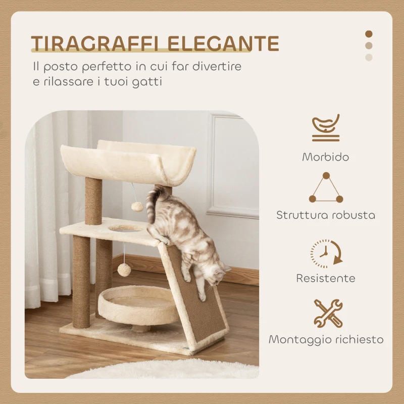 PawHut Albero Tiragraffi per Gatti con Lettino, Cuccia e Tappetino, in Legno, Peluche e Sisal, 60x30x76 cm, Marrone Chiaro