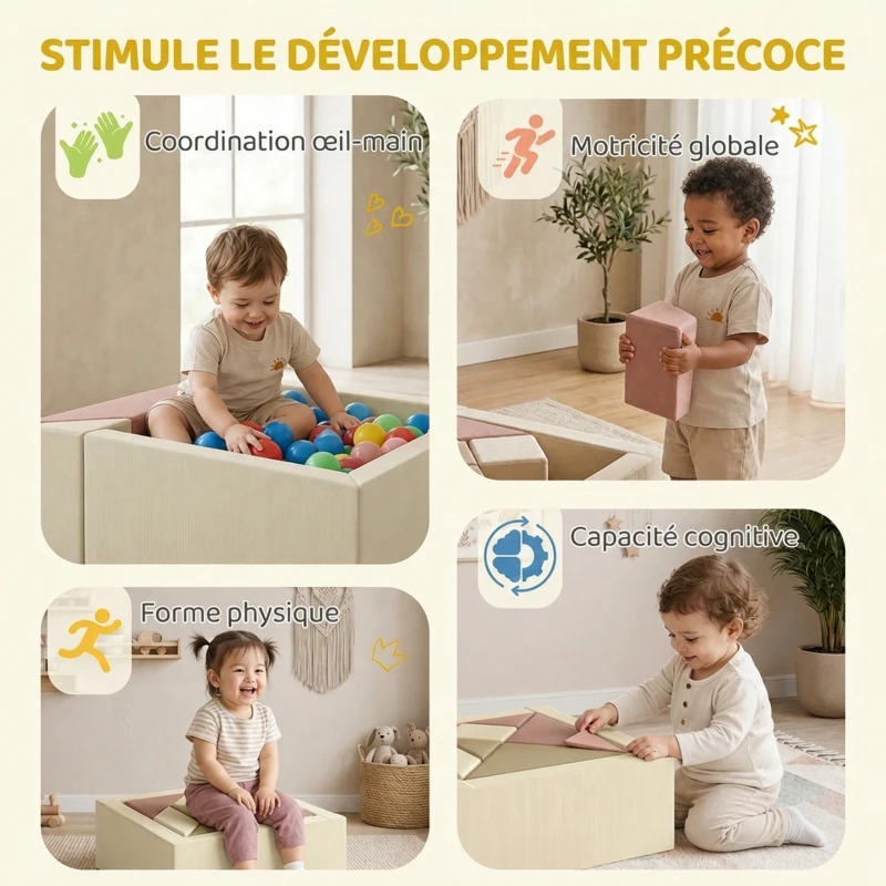 AIYAPLAY Parcours motricité bébé 9PCS avec piscine à balles, module en mousse souple avec housse en velours côtelé, multicolore