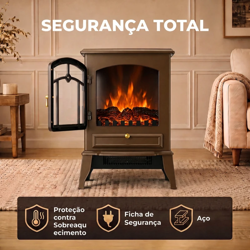 HOMCOM Lareira Elétrica Decorativa de Chão com Efeito Chama 3D 39x24x57 cm Castanho