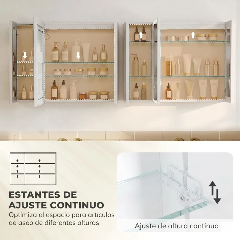 HOMCOM Armario de Baño con Espejo de LED Toma de Corriente 3 Puertas Antivaho Estantes Ajustables de Vidrio Templado Blanco