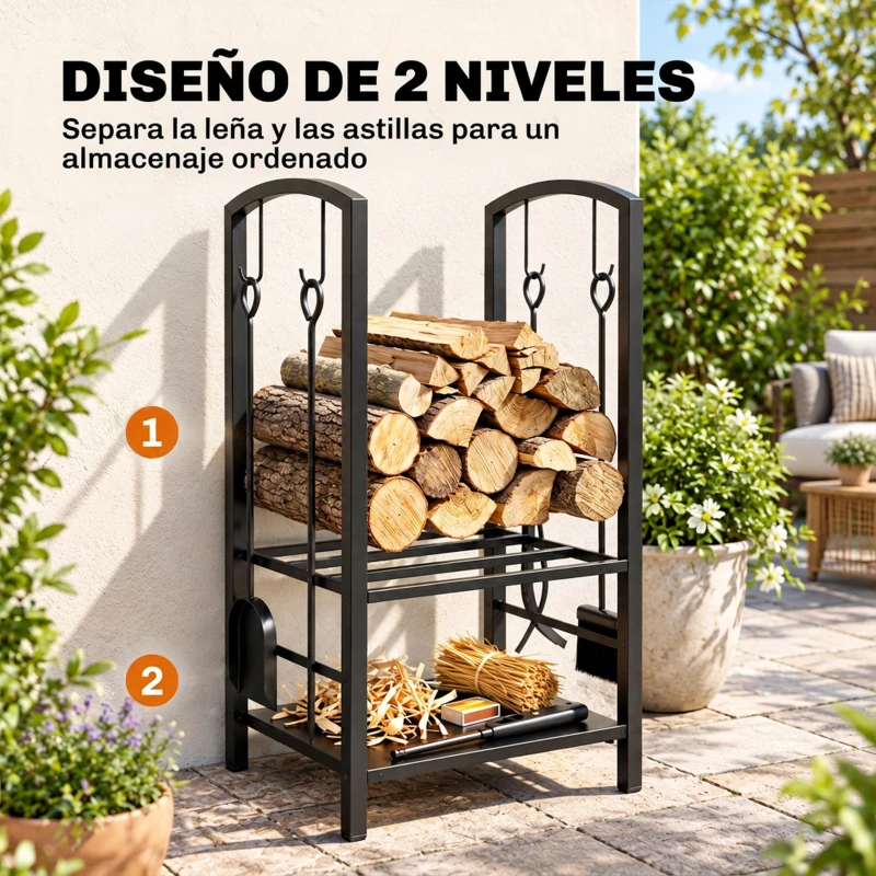 Outsunny Estante de Leña para chimenea Soporte para Leña de 2 Niveles Leñero Exterior e Interior Metálico con 4 Herramientas para Chimenea Carga Máx.100 kg 40x30x74,5 cm Negro