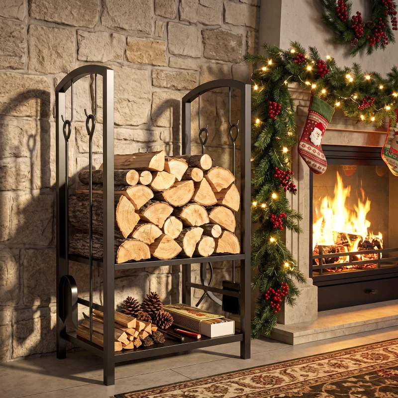 Outsunny Estante de Leña para chimenea Soporte para Leña de 2 Niveles Leñero Exterior e Interior Metálico con 4 Herramientas para Chimenea Carga Máx.100 kg 40x30x74,5 cm Negro