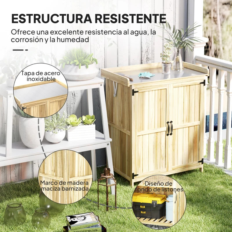 Outsunny Caseta de Jardín Exterior de Madera con Techo Abatible y 2 Puertas para Almacenamiento Herramientas 74x43x88 cm Natural