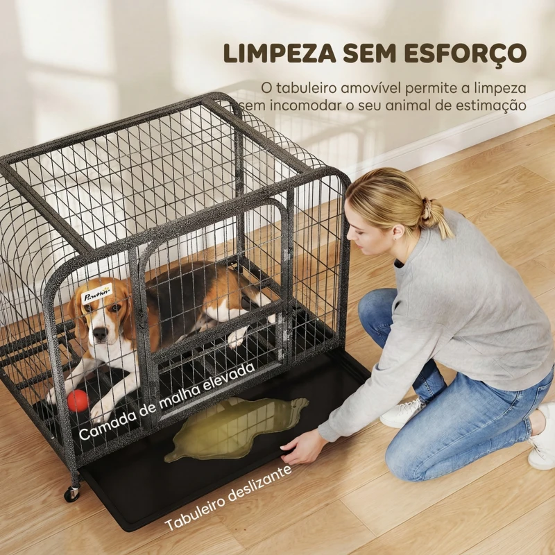 PawHut Gaiola Resistente para Cães com Rodas, Porta de Alimentação e Tabuleiro Removível para Cães Pequenos 93x58x76 cm Preto