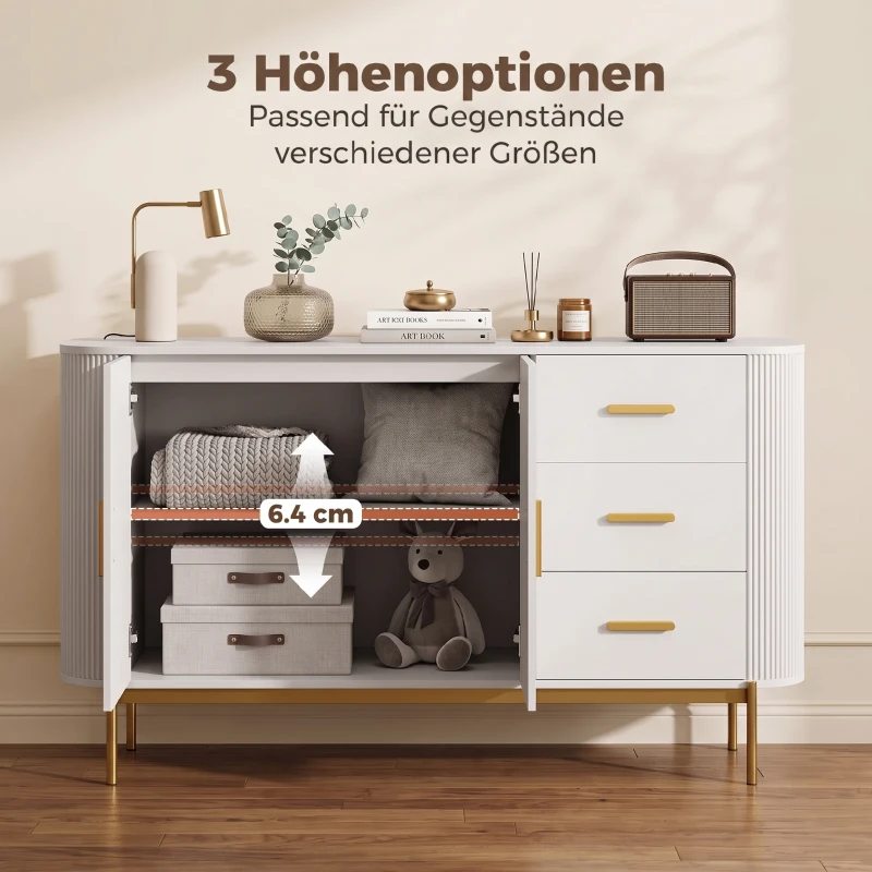 HOMCOM Sideboard, 140 cm Küchenschrank im modernen Rillen-Design mit 3 Schubladen, verstellbarem Einlegeboden und Metallbeinen