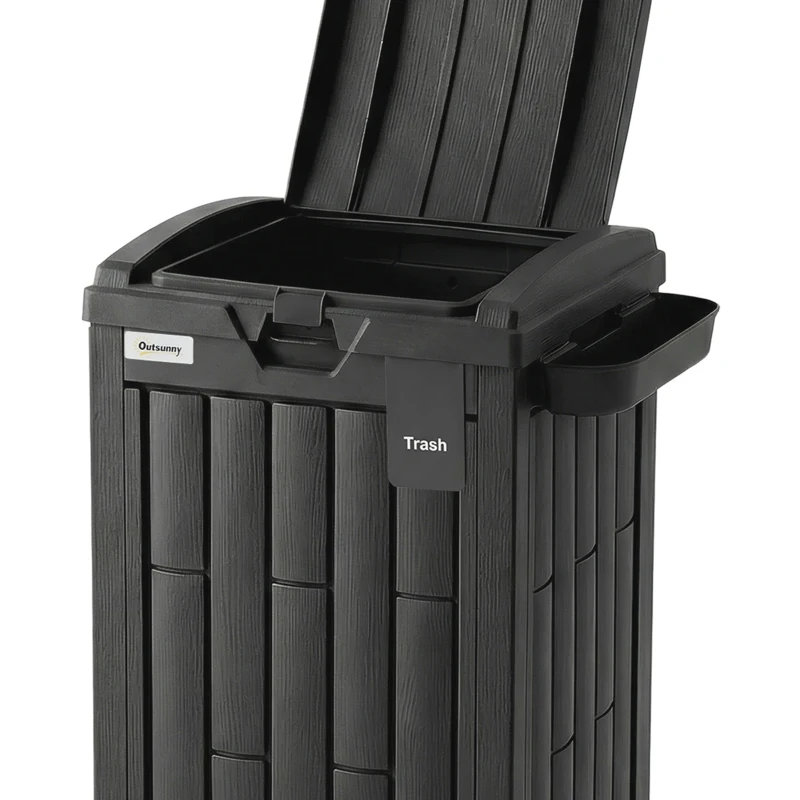 Outsunny 110 L Outdoor Bin with Dual Lid, Waterproof Plastic Trash Bin with Ashtray and Drip Tray, Garden Waste Trash Bin, Black