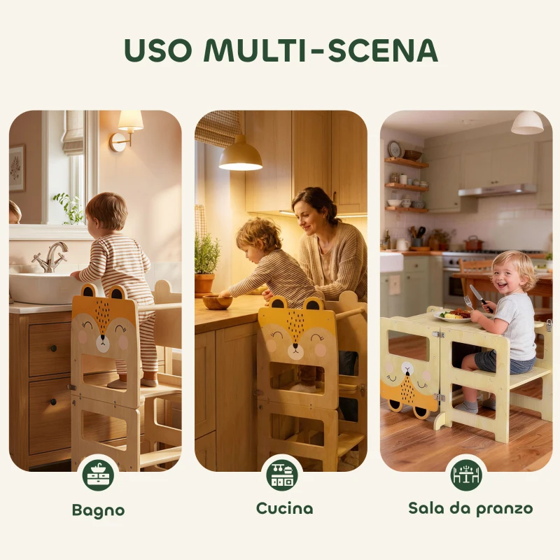AIYAPLAY Torre Montessoriana per Bambini 2-5 Anni con Lavagna e Tavolino, in Legno, 57x39x93 cm, color Legno