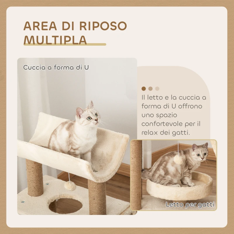 PawHut Albero Tiragraffi per Gatti con Lettino, Cuccia e Tappetino, in Legno, Peluche e Sisal, 60x30x76 cm, Marrone Chiaro