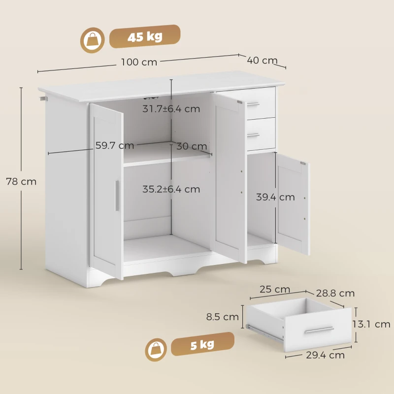 HOMCOM Bufet Modern din Lemn cu 2 Sertare și 2 Dulapuri, 100x40x78 cm, Alb