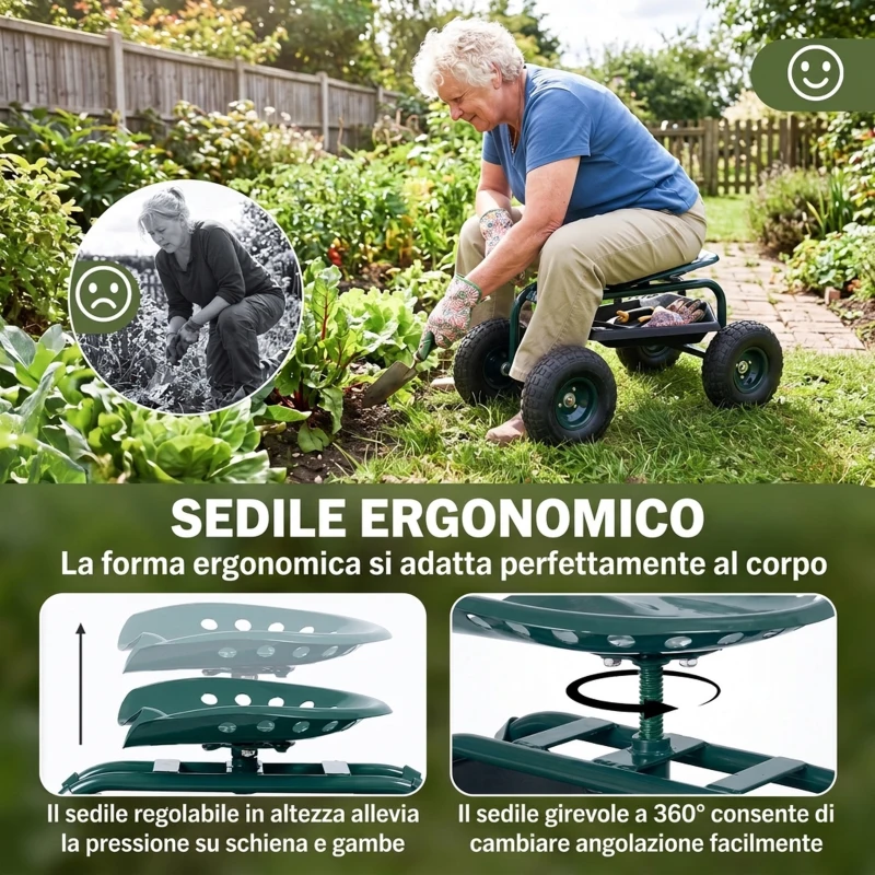 Outsunny Carrello da Giardino con Sedile Regolabile e Vassoio Inferiore, in Acciaio, e PP, 83x36.5x45-60 cm, Verde Scuro