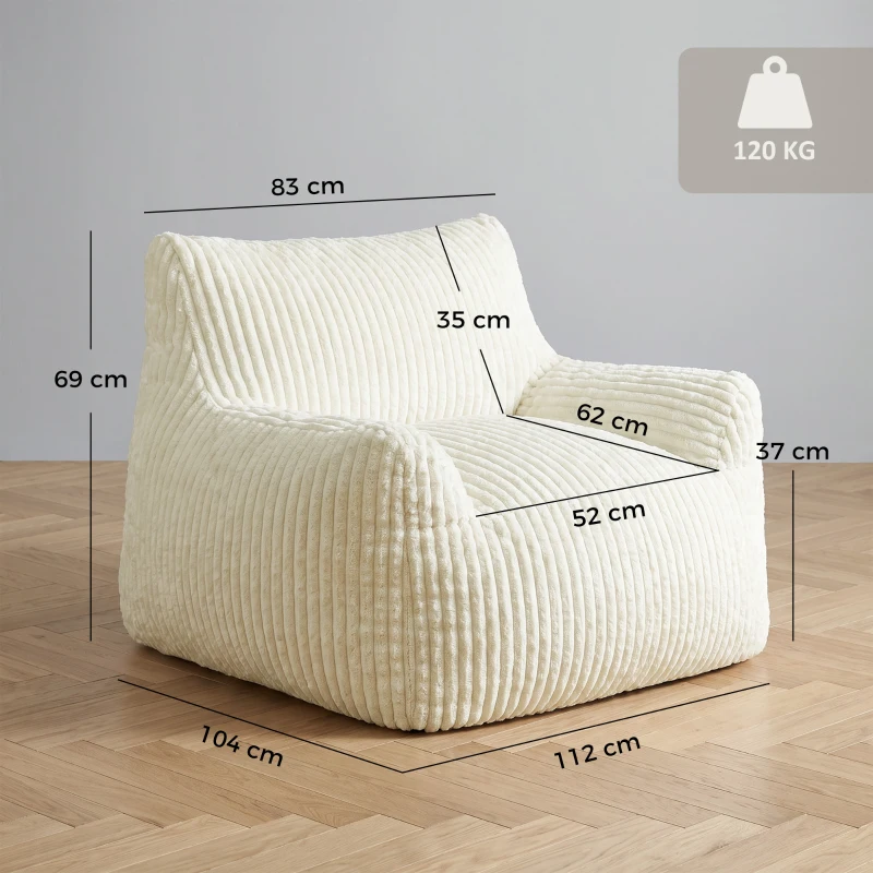 HOMCOM Sillón de Suelo de Pana con Respaldo Reposabrazos Acolchado Grueso Sin Estructura Sin Montaje Blanco Crema