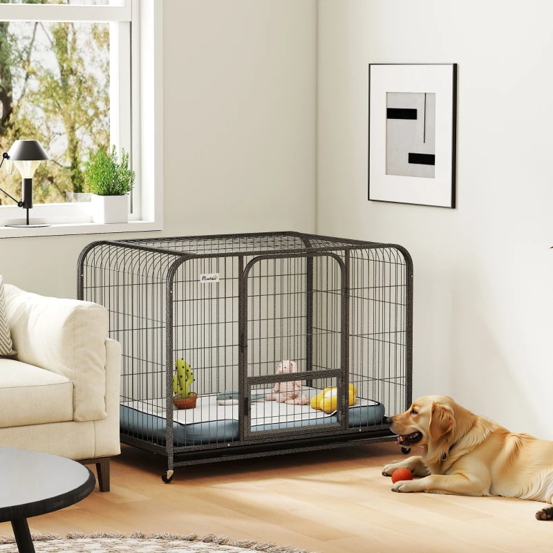 PawHut Gaiola Reforçada para Cães Grandes com Rodas, Porta de Alimentação e Tabuleiro Amovível 116x77x88 cm Preto