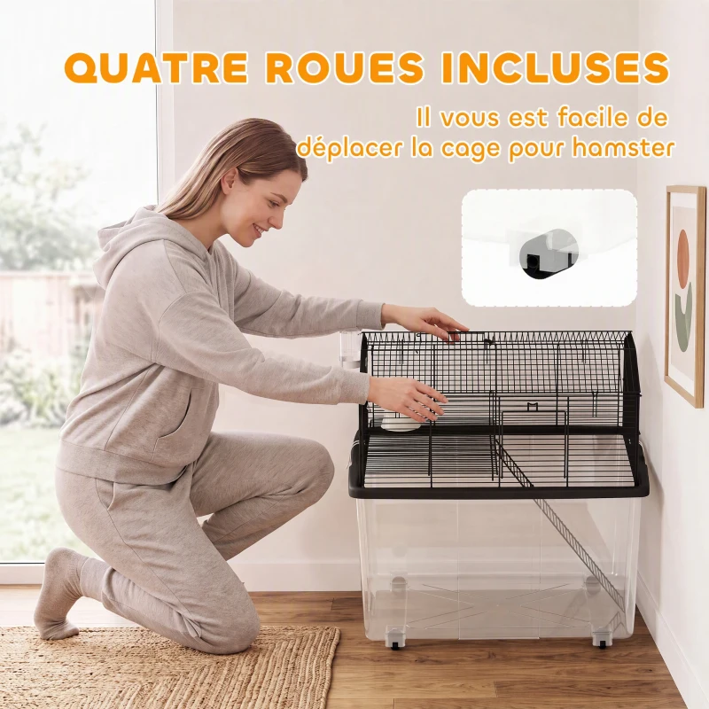 PawHut Cage hamster cage rongeur 2 étages avec roulettes plate-forme et échelle en fil d'acier 57 x 43 x 57 cm noir